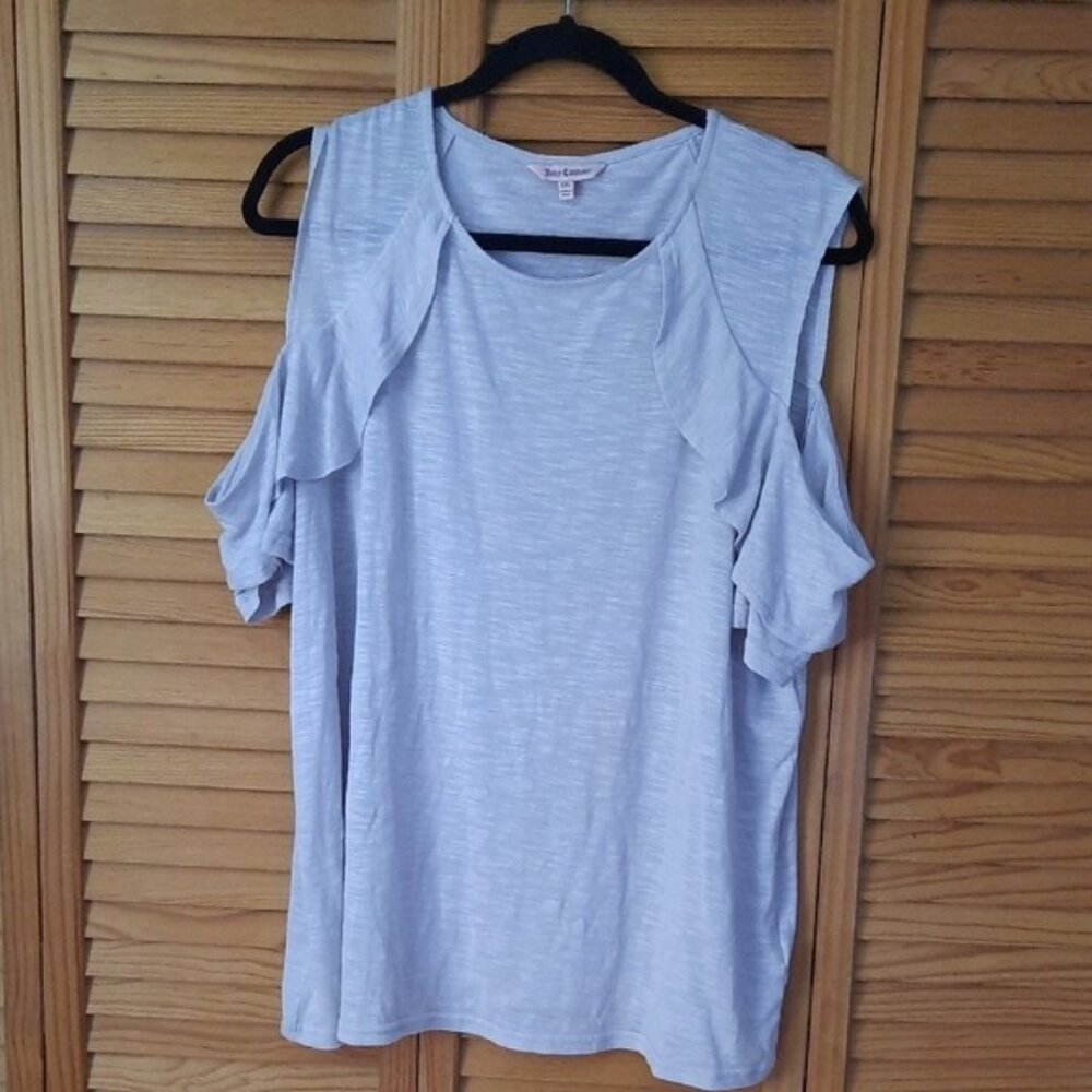 Juicy Couture Lite Grey Short Sleeve Ruffle Cold Shoulder U Neckline TShirt XXL